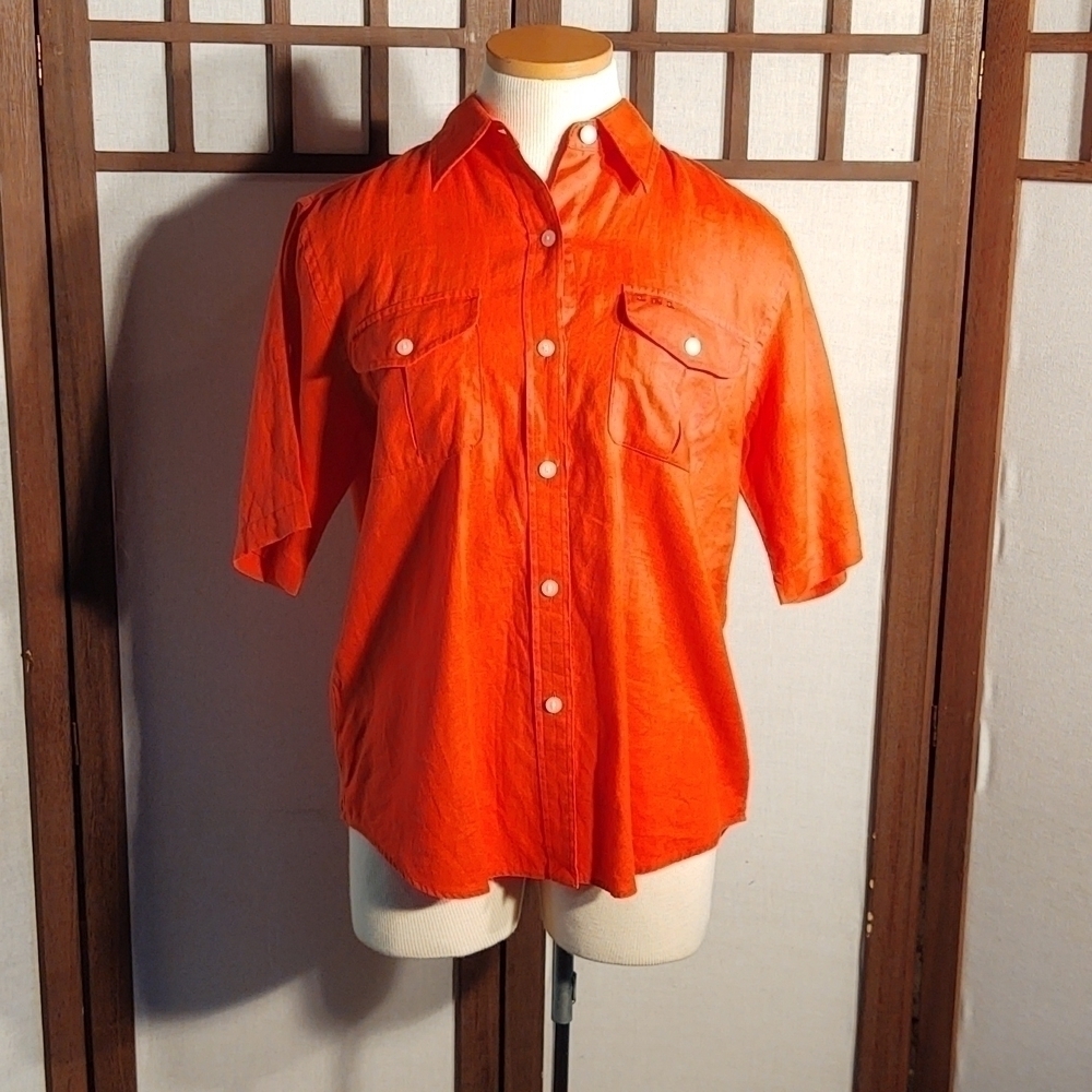 Lauren Ralph Lauren Orange Linen Short Sleeve Button Down Top Sz M